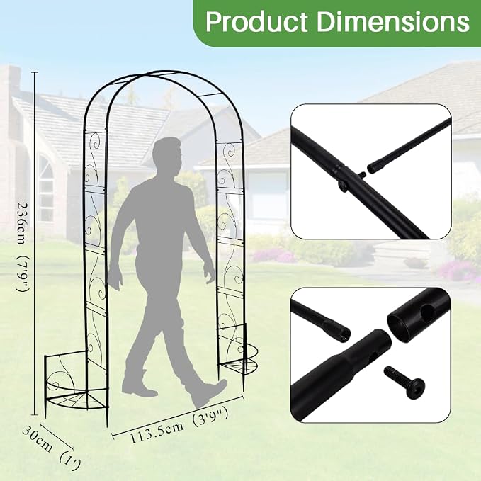 93" Garden Arbor Metal Arch Trellis for Climbing Plants with Planter Box | Outdoor Arbors Archway Pergola for Wedding Ceremony Party Decoration Arched Top Trellises for Rose Vine Backyard Lawn Patio