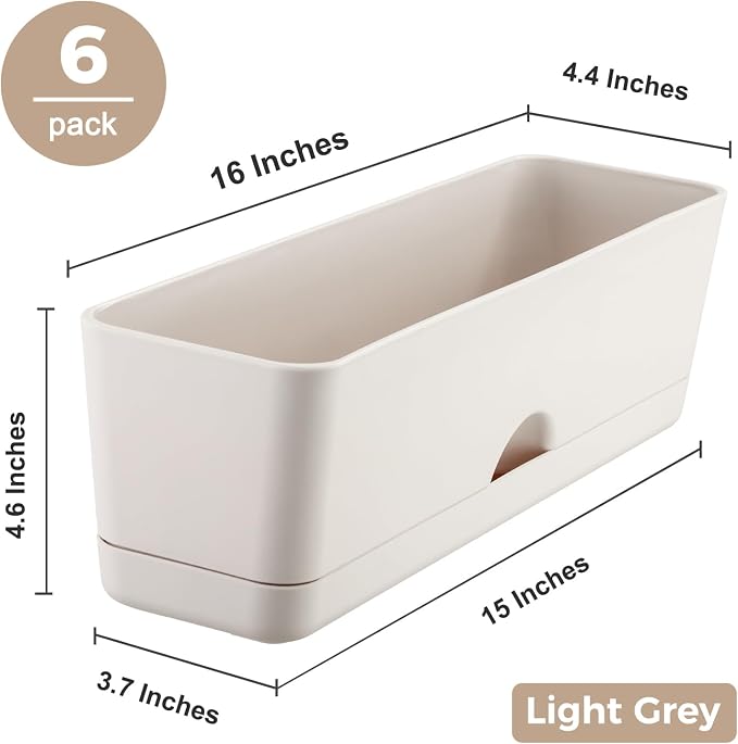 6 Pack Rectangle Planter 16x4.4 Inch Window Boxes Planters Rectangular Window Sill Planters Indoor Self Watering Plant Pots with Drainage Holes and Saucers Succulent Herb Flower Pots, Light Grey