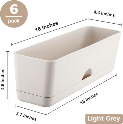 6 Pack Rectangle Planter 16x4.4 Inch Window Boxes Planters Rectangular Window Sill Planters Indoor Self Watering Plant Pots with Drainage Holes and Saucers Succulent Herb Flower Pots, Light Grey