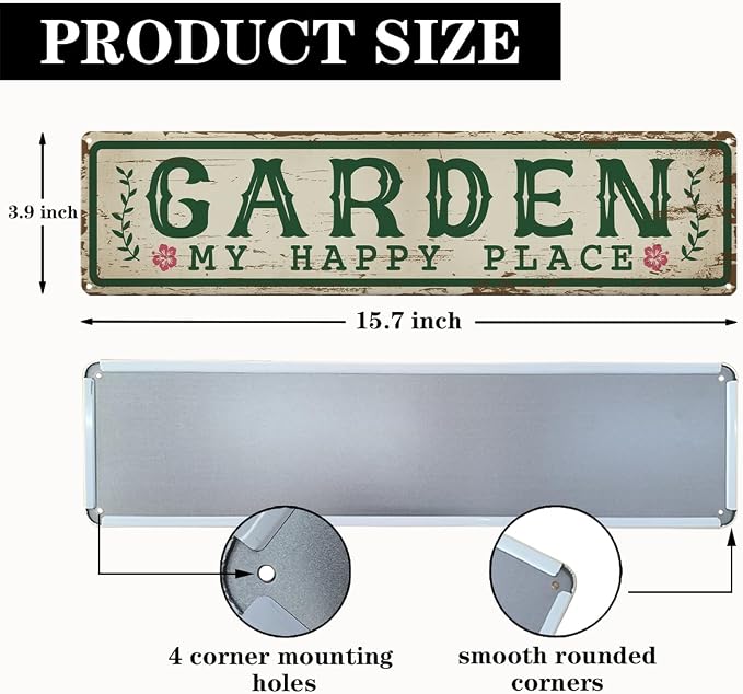 Garden Metal Tin Sign, My Happy Place Sign, Vintage Farmhouse Outdoor Wall Decor, for Porch Patio Fence, Gift for Rustic Garden Shed Decor, 15.7 x 3.9 Inches