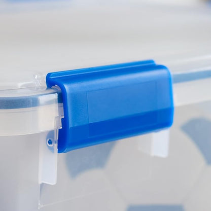 IRIS USA WeatherPro 74 Qt Storage Bins with Lids, 3 Pack, BPA-Free Plastic Gasket Box with Tight Latch and Seal, Stackable Nestable Tote Tub - Clear/Blue
