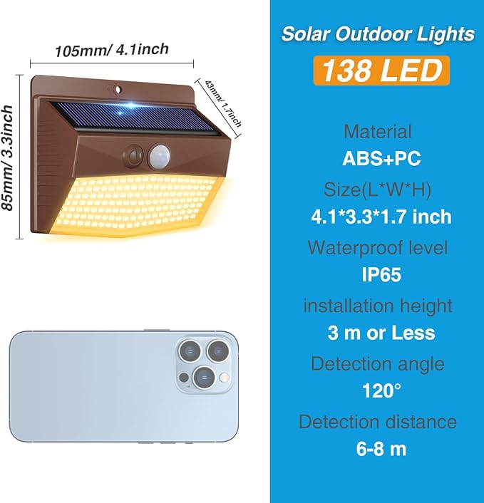 Peasur Solar Outdoor Lights, [2 Packs] Motion Sensor Security Lights with 3 Lighting Modes Wall Lights Waterproof Solar Powered Lights for Garden Yard, Brown Warm