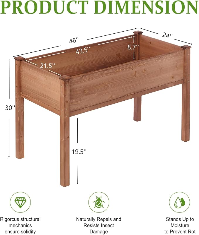 Raised Garden Bed with Legs, 48x24x30 in Planter Boxes Outdoor, Elevated Wooden Planter Box Standing Growing Bed for Gardening, Backyard, Patio and Balcony (Coffee, 48x24x30)