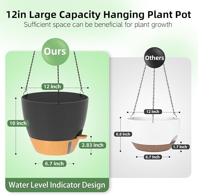 ZMTECH 12 Inch Large Self Watering Hanging Planters for Indoor Outdoor Plants - Water Level Indicator & Removable 60 Oz Reservoir, 1 Pack Plastic Hanging Basket for Window Porch Garden Balcony, Black