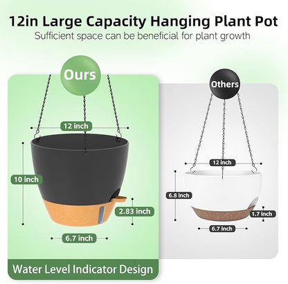 ZMTECH 12 Inch Large Self Watering Hanging Planters for Indoor Outdoor Plants - Water Level Indicator & Removable 60 Oz Reservoir, 1 Pack Plastic Hanging Basket for Window Porch Garden Balcony, Black