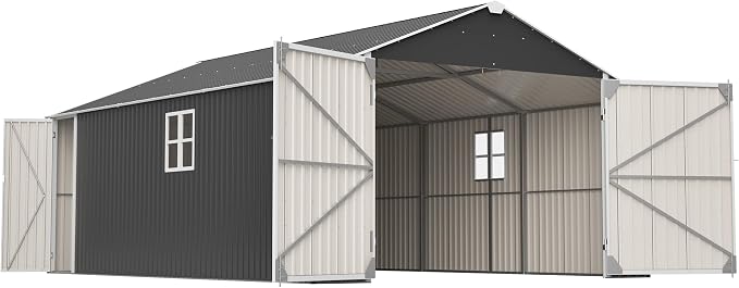 KEIKI 12x20 FT Outdoor Metal Storage Shed Garage with Double Doors, Large Capacity Steel Utility Shed for Vehicle Equipment and Garden Tool Storage, Weather Resistant Backyard Shed