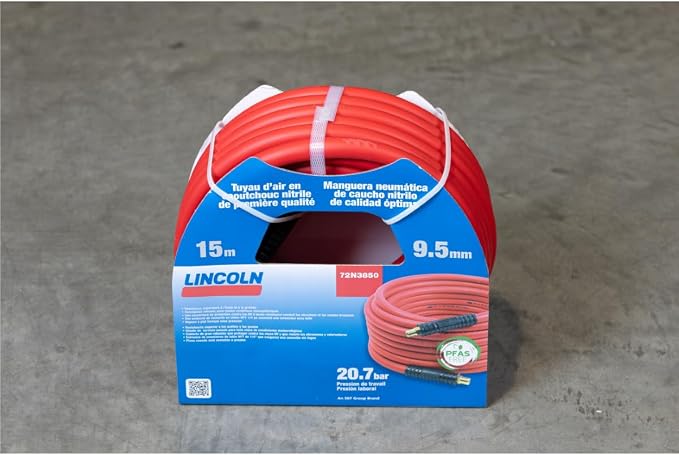 Lincoln 72N3850 50' x 3/8" ID Air/Water Hybrid Polymer Replacement Hose for 83753 Reel, 1/4" NPT Male Leak-free Brass Fittings, Kink Resistant, Meets PFAS-Free Regulations, UV Protective, Red/Black