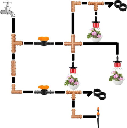 Drip Irrigation Fittings Kit for 1/2" Tubing - 36 Pieces, Including 12 Couplings, 8 Tees, 6 Elbows, 6 End Caps, 2 Cross Connectors and 2 Drip Valves