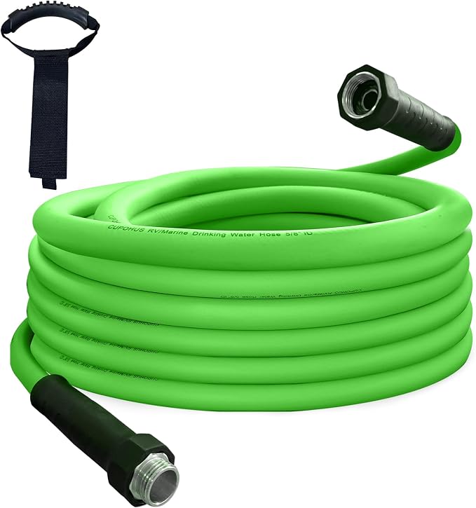 Cupohus RV Drinking Water Hose 50FT with Storage Strap, Green No Kinking 5/8''ID Premium Fresh Water Hose for RV, Marine, Camper, Truck, Car, Garden