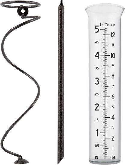 La Crosse 704-08967-INT Original Handcrafted Colombian Metal Finish Spiral Rain Gauge with 5-inch Capacity Glass Rain Garden Tube