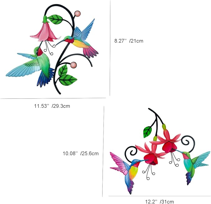 Meduofon 2 Pack Metal Hummingbird & Flower Outdoor Wall Art Decor, Creative Wall Decor for Patio, Fence, Deck, Garden, Home, Kitchen, Balcony