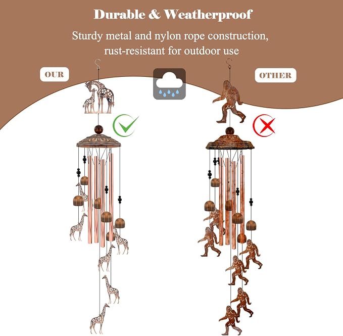 35" Giraffe Wind Chimes for Outside, Rustic Copper Mother & Baby Giraffe Silhouette Decor with 6 Pendants - Elegant Memorial Windchime - Heartwarming Gift for Mom & Animal Lovers