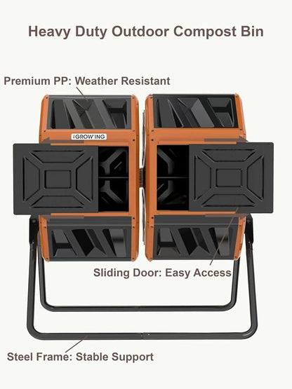 THE Growing 53 Gallon Large Outdoor Compost Bin Tumbler Barrel, Orange | Heavy duty dual 26.5gal sections for bulk yard waste. Reinforced frame adds stability. Easy bolt assembly without washers.
