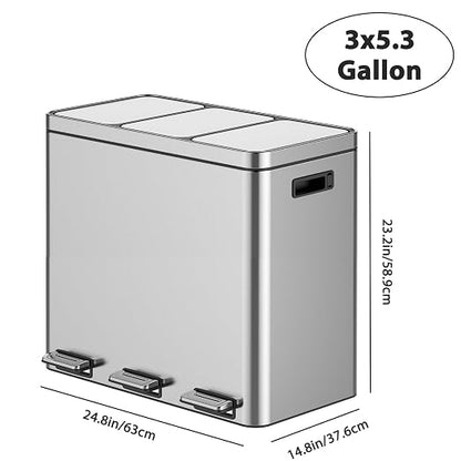 16 Gallon 3-Compartment Kitchen Trash Can, 60L Stainless Steel Step-On Recycle Bin with Soft Close Lid, Odor-Proof Triple Sorting System with 3 Removable 5.3 Gal Inner Buckets, Fingerprint-Resistant
