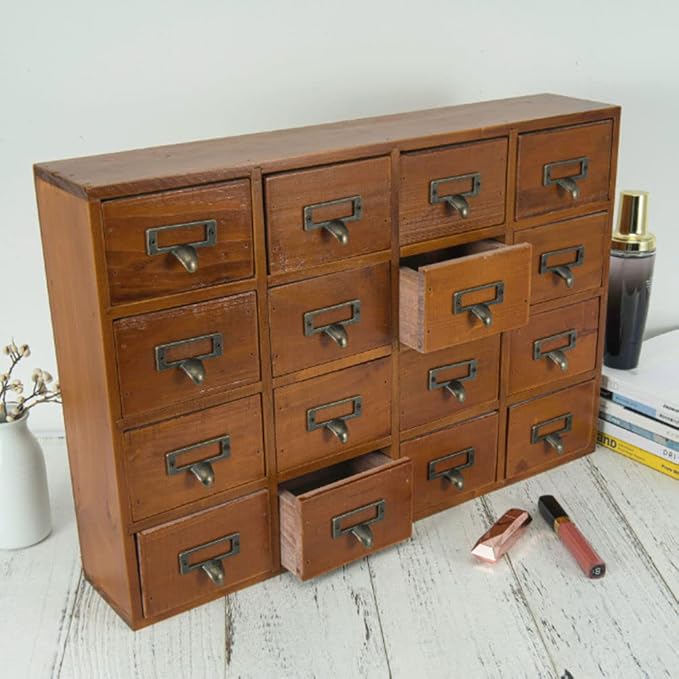 Apothecary Drawers Apothecary Cabinet with Drawers, Brown | 16 Drawer Library Card Catalog, Wooden Storage Box, Wooden Desktop Organizer with Metal Handles-Fulled Assembled