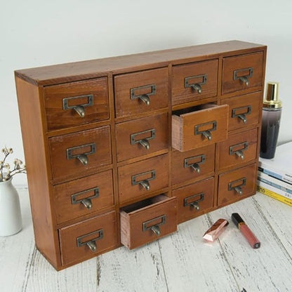 Apothecary Drawers Apothecary Cabinet with Drawers, Brown | 16 Drawer Library Card Catalog, Wooden Storage Box, Wooden Desktop Organizer with Metal Handles-Fulled Assembled