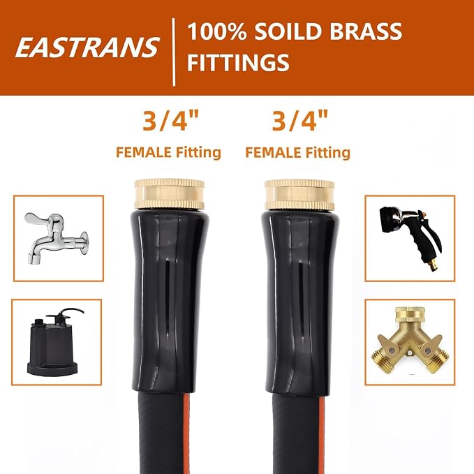 EASTRANS Female to Female Garden Hose 15 ft x 5/8", Heavy Duty Short Water Hose with 3/4" Solid Brass Connector, Flexible, Lightweight, Black & Orange