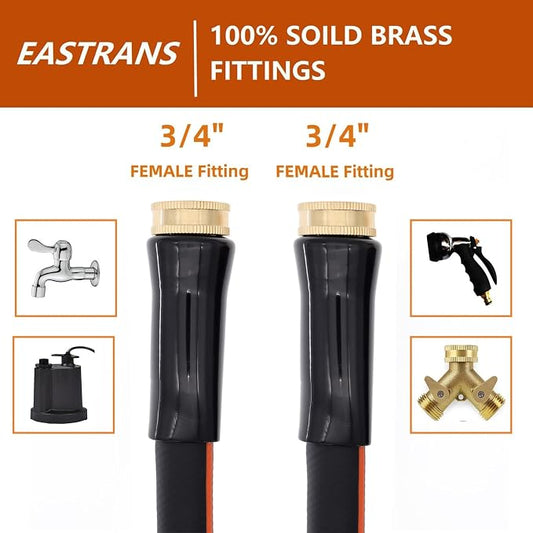 EASTRANS Female to Female Garden Hose 15 ft x 5/8", Heavy Duty Short Water Hose with 3/4" Solid Brass Connector, Flexible, Lightweight, Black & Orange