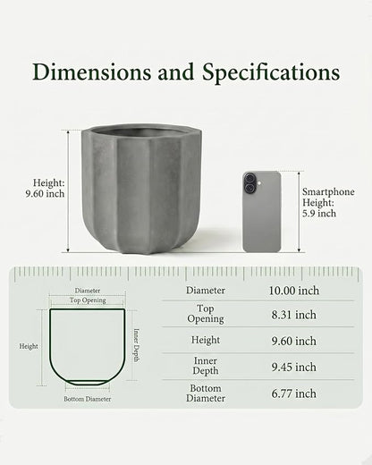 10 Inch Plant Pot – Ceramic Planter with Drainage Hole & Removable Drain Plug, Decorative Flower Pot for Indoor Outdoor Plants, Modern Round Large Planter, Grey