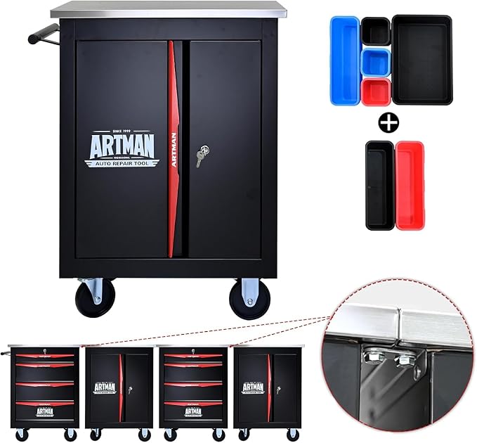 Heavy Duty Tool Chest, Lockable Stainless Top, Black&Red | Double-Door Mobile Tool Cabinet on Wheels for Garage Workshop and Storage