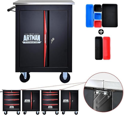 Heavy Duty Tool Chest, Lockable Stainless Top, Black&Red | Double-Door Mobile Tool Cabinet on Wheels for Garage Workshop and Storage