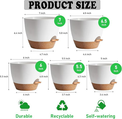 Self Watering Plant Pots with Drainage & Saucers, 5-Pack 7/6.5/6/5.5/5 in - Plastic Flower Pots for Indoor Plants, Succulents & Herbs, Planters for Indoor Outdoor & Balcony (White)