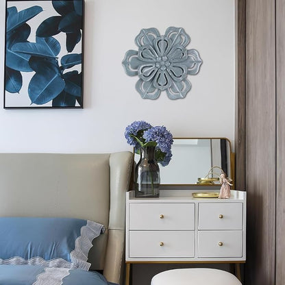 hogardeck Metal Flower Farmhouse Wall Decor, 16" Large Floral Metal Blue Wall Art for Indoor Outdoor, Boho Wall Decor for Bathroom, Living Room, Kitchen, Bedroom, Porch, Garden, Yard