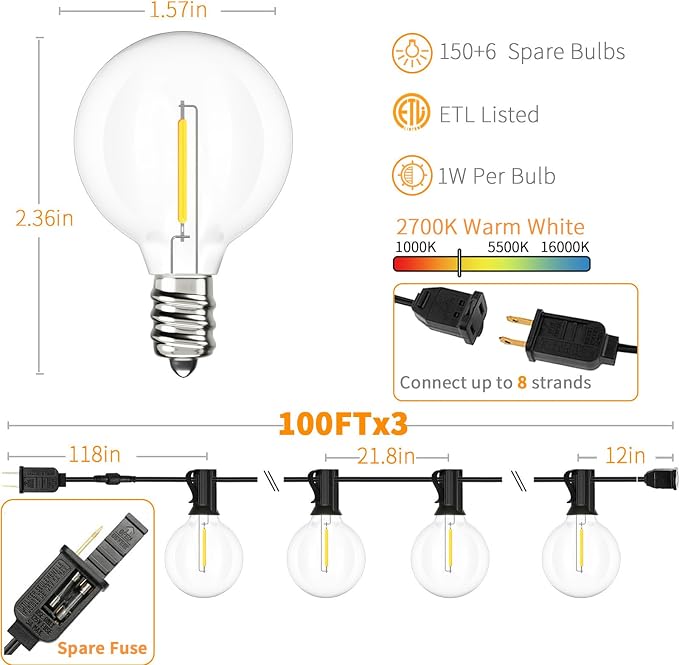 Svater Outdoor String Lights 300 FT, Patio Lights Outside with 156 G40 Shatterproof LED Bulbs, Waterproof Hanging Globe Lighting for Bistro Backyard Cafe Market, Warm White 2700K（3 x 100 FT）