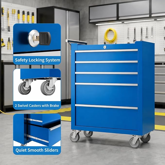 IDEALHOUSE Rolling Tool Chest, 5 Drawers Tool Storage Cabinet, Toolbox with Wheels, Portable Tool Cabinet Organizer with Locking System & Drawer Liners, Tool Storage Cart for Garage, Workshop, Blue