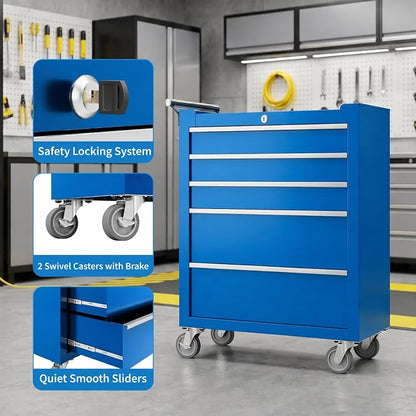Garvee Rolling Tool Chest, 5 Drawers Tool Storage Cabinet, Toolbox with Wheels, Portable Tool Cabinet Organizer with Locking System & Drawer Liners, Tool Storage Cart for Garage, Workshop, Blue