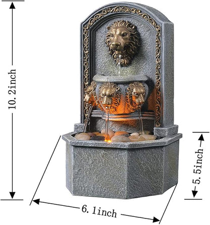 GOSSI 10.3 Inch Lion Head Tabletop Water Fountain, Classic Resin Indoor Zen Waterfall Fountain with Cobblestone, Soothing Water Sounds for Office and Home Decor (20135)