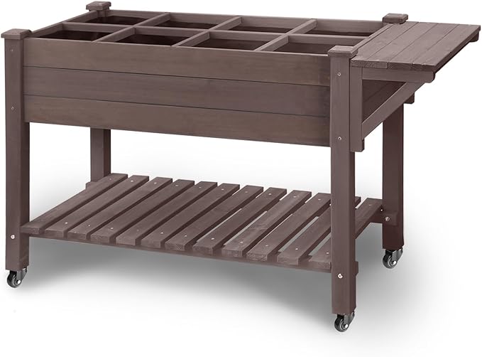 GUTINNEEN Raised Garden Bed Outdoor with 8 Planter Boxes Wooden Elevated Garden Bed with Legs Wheels Side Workbench and Storage Shelf for Plants Vegetables Flowers Herbs