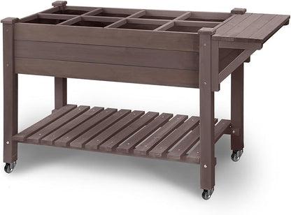 GUTINNEEN Raised Garden Bed Outdoor with 8 Planter Boxes Wooden Elevated Garden Bed with Legs Wheels Side Workbench and Storage Shelf for Plants Vegetables Flowers Herbs