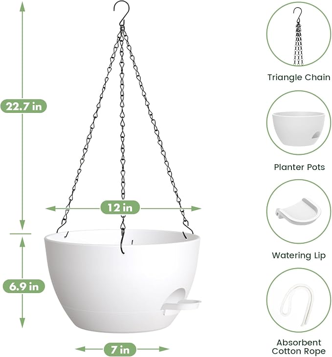 2 Pack 12 Hanging Flower Pots with Chains - Self Watering Plastic Planters for Indoor & Outdoor Plants, Sturdy Triangular Iron Chain Design for Garden PorchPlastic Hanging Flower pots (White)