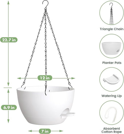 2 Pack 12 Hanging Flower Pots with Chains - Self Watering Plastic Planters for Indoor & Outdoor Plants, Sturdy Triangular Iron Chain Design for Garden PorchPlastic Hanging Flower pots (White)