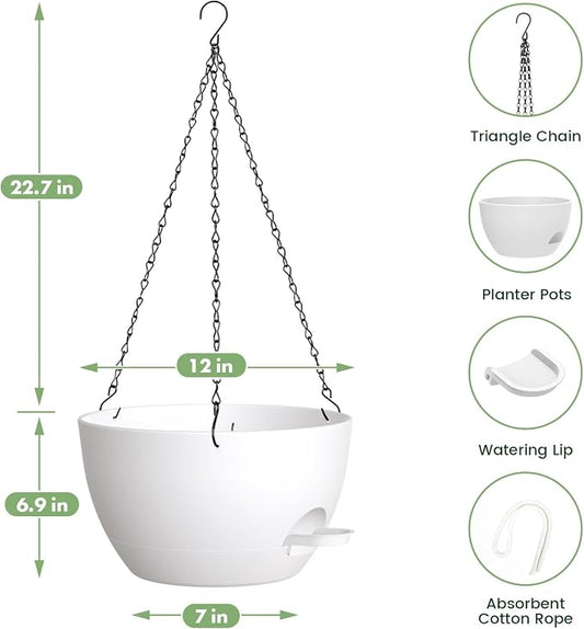 2 Pack 12 Hanging Flower Pots with Chains - Self Watering Plastic Planters for Indoor & Outdoor Plants, Sturdy Triangular Iron Chain Design for Garden PorchPlastic Hanging Flower pots (White)