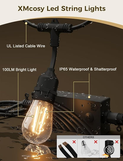 XMCOSY+ Smart Outdoor String Lights, 123Ft LED Patio Lights Waterproof IP65, App Control, Compatible with Alexa, Dimmable Edison Bulbs Outdoor Light for Yard Porch Bistro Outside