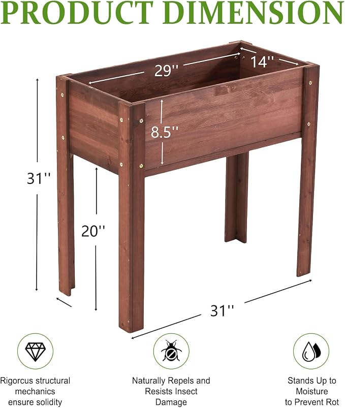 Raised Garden Bed with Legs, 31x16x30 in Planter Boxes Outdoor, Elevated Wooden Planter Box Standing Growing Bed for Gardening, Backyard, Patio and Balcony (Coffee, 31x16x30)