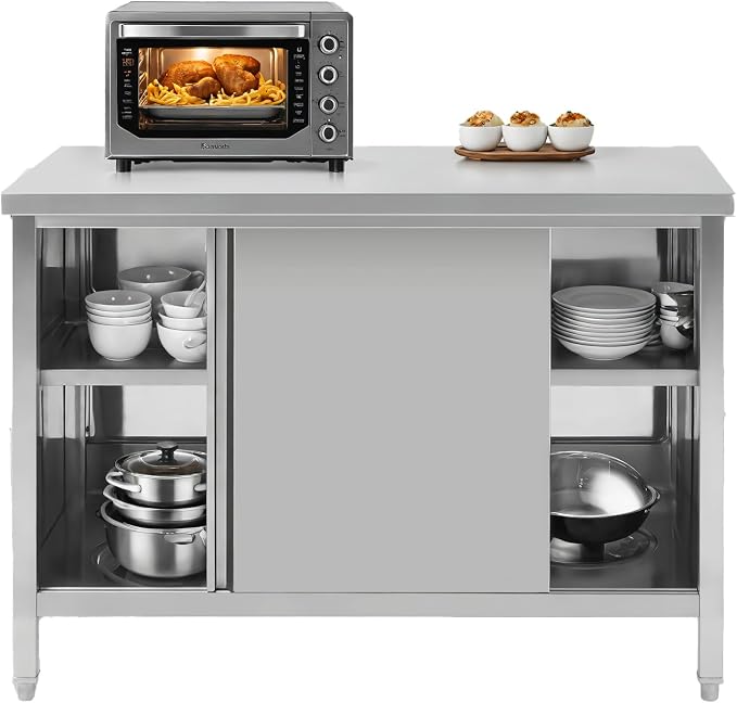 Hally Stainless Steel Cabinet, 24" x 48" NSF Commercial Heavy Duty Prep Workbench with Two Sliding Doors, Large Storage Cabinet, Metal Table for Kitchen, Restaurant, Garage