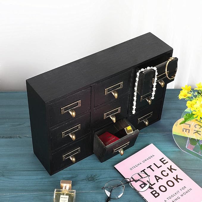 Apothecary Drawers Apothecary Cabinet with Drawers, Black | 9 Drawer Library Card Catalog, Wooden Storage Box, Wooden Desktop Organizer with Metal Handles-Fulled Assembled