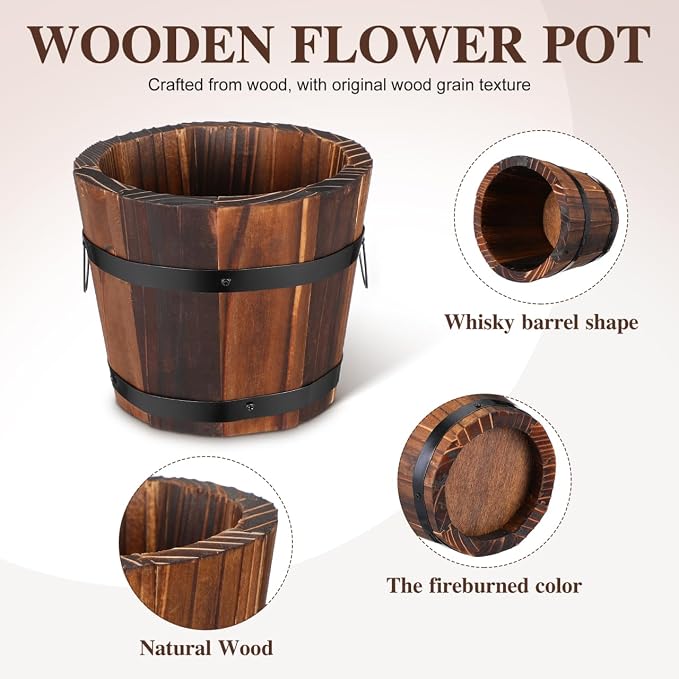 BESPORTBLE Rustic Wooden Barrel Planters: 4pcs Whiskey Barrel Bucket Flower Pots, Plants Boxes Container with Handles for Garden Outdoor Indoor Decor
