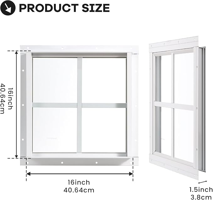Shed Windows 2 Pack, Chicken Coop Fixed Windows 16" x 16" White | Square Gable Flush Mounted Small Windows with Tempered Glass for Shed, Barns, Playhouse, Household, Garage