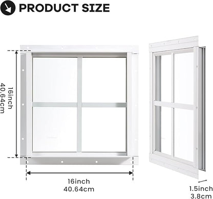 Shed Windows 2 Pack, Chicken Coop Fixed Windows 16" x 16" White | Square Gable Flush Mounted Small Windows with Tempered Glass for Shed, Barns, Playhouse, Household, Garage