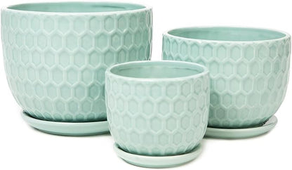 Ceramic Flower Pots with Drainage Hole and Saucer, Modern Round Succulent Planters with Honeycomb Inspired Texture Design, Small to Medium Sized, Set of 3, Green