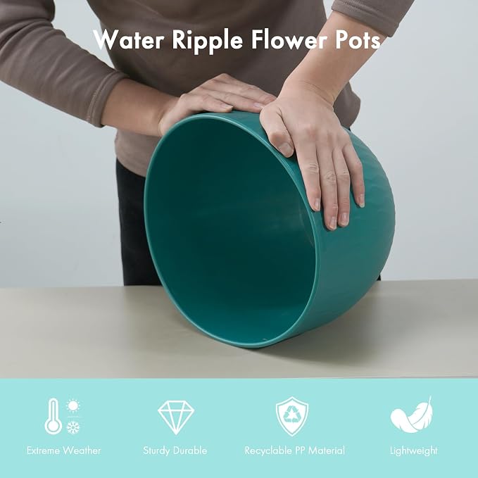 WSMKSZ 12 Inch Large Plant Pots for Indoor or Outdoor Plants, Wide Water Ripples Flower Pots with Drainage Holes & Saucer, Plastic Planters Set for Garden & Home Decor (Blue Green)