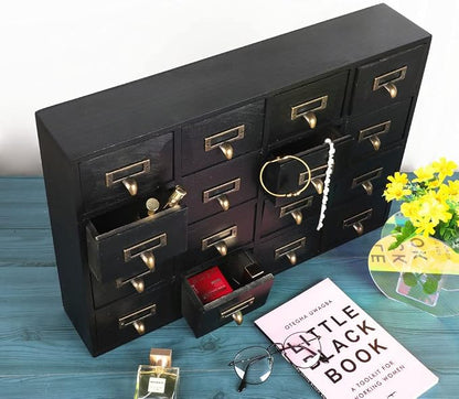 Apothecary Drawers Apothecary Cabinet with Drawers, Black | 16 Drawer Library Card Catalog, Wooden Storage Box, Wooden Desktop Organizer with Metal Handles-Fulled Assembled