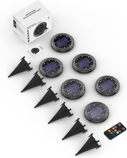 Color Changing Solar Ground Lights with Remote, IP67 Waterproof, 6Pack | 9-Color & 2 Dynamic RGB, 33ft Long Distance Remote Control, Dusk-to-dawn Light Up, Outdoor Flat Disk Light for Yard Lawn Path