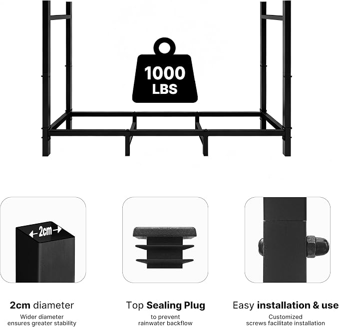 ARIFARO 4ft Firewood Rack, Adjustable Outdoor Indoor Log Holder Steel Heavy Duty Wood Rack,for Firewood Storage Wood Stacker, Rustproof, Easy Assembly, Black