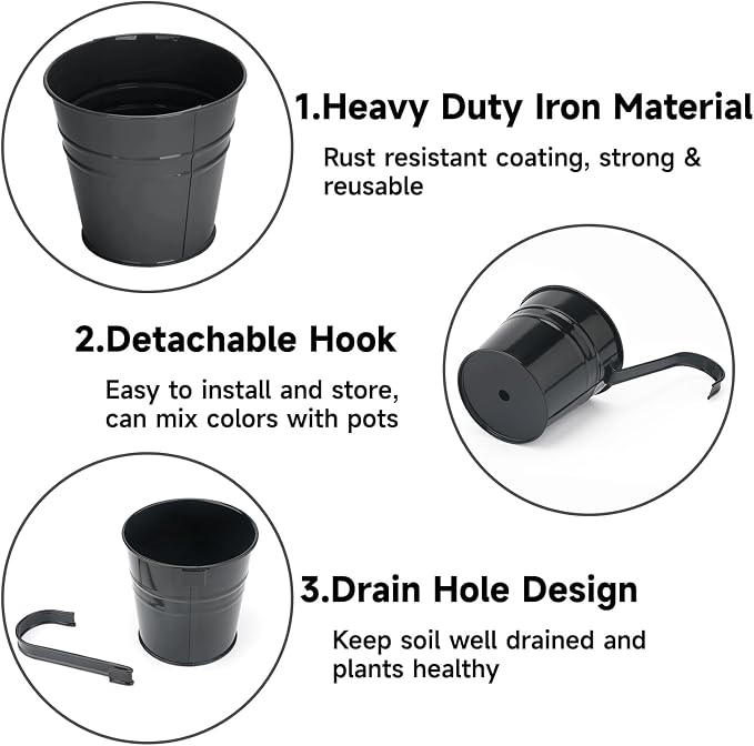 KINGLAKE Flower Pots,10 Pcs Metal Iron Hanging Flower Plant Pot Balcony Garden Plant Planter Baskets Fence Bucket Pots 6.3'' Flower Holders with Detachable Hook Black