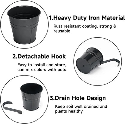 KINGLAKE Flower Pots,10 Pcs Metal Iron Hanging Flower Plant Pot Balcony Garden Plant Planter Baskets Fence Bucket Pots 6.3'' Flower Holders with Detachable Hook Black